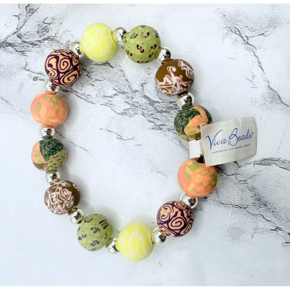 Viva Beads Polymer Clay Bracelet NWT 8" Stretch Multicolor Floral Beads